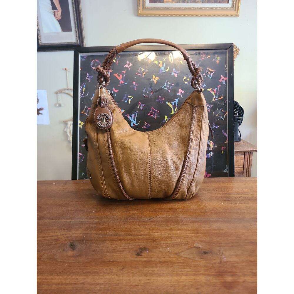 TIGNANELLO Brown Pebbled Leather Double Handles Shoulder Bag Handbag Purse